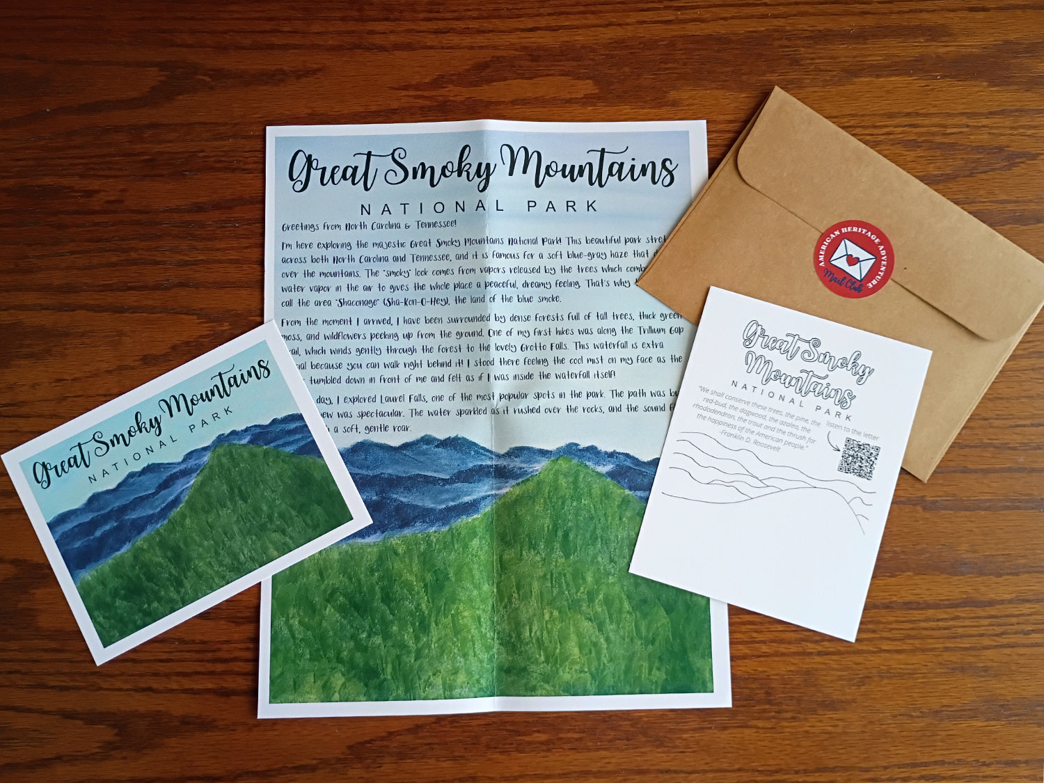 Letter with artwork and postcard from Great Smoky Mountains National Park